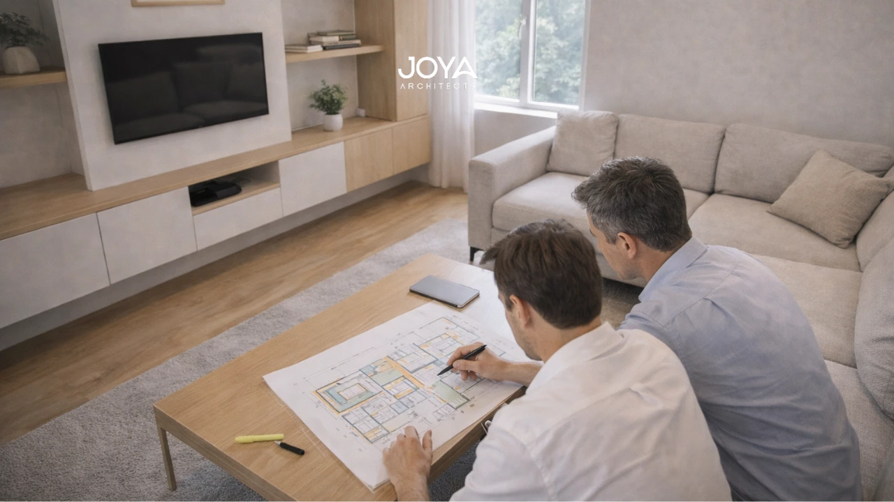 Architect and homeowner reviewing layout plans in a compact space demonstrating small living room design ideas