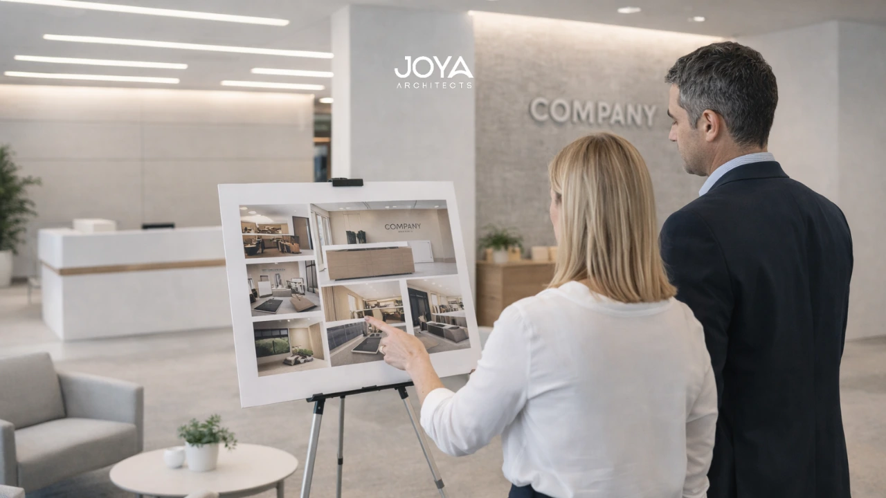 A commercial client reviewing commercial lobby design ideas with a designer in a modern corporate reception area.