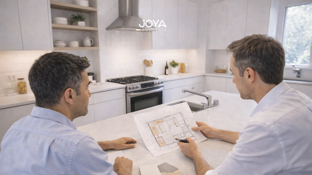Homeowner and architect reviewing plans and materials for affordable kitchen renovation ideas in a modern kitchen