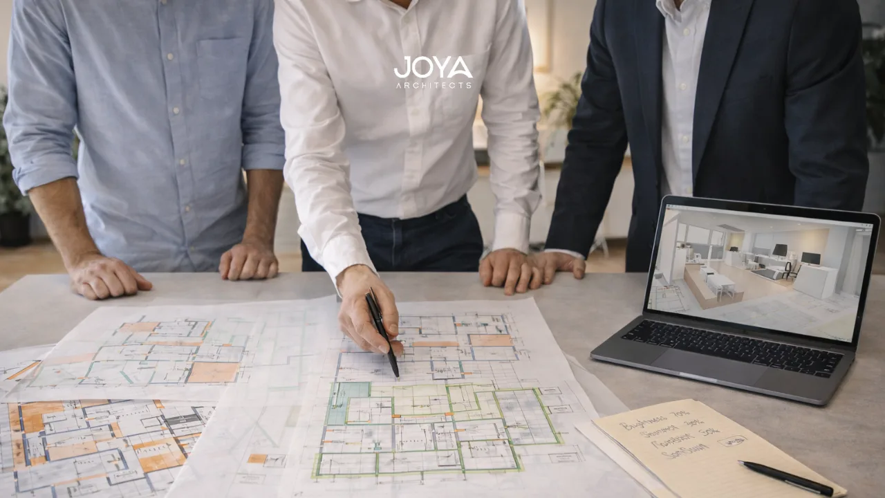 Consultant reviewing architectural planning and room layouts with clients using floor plans and a 3D model.