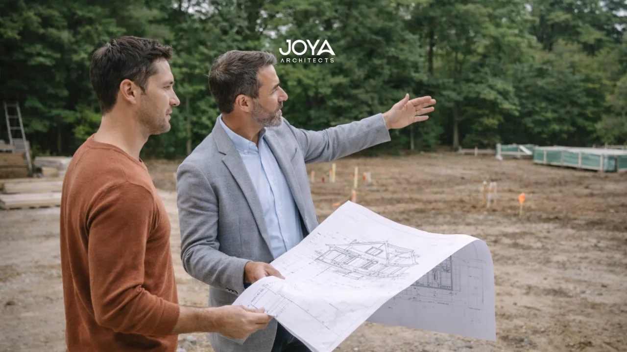 Homeowner and architectural consultant reviewing house plans on a new build construction site.