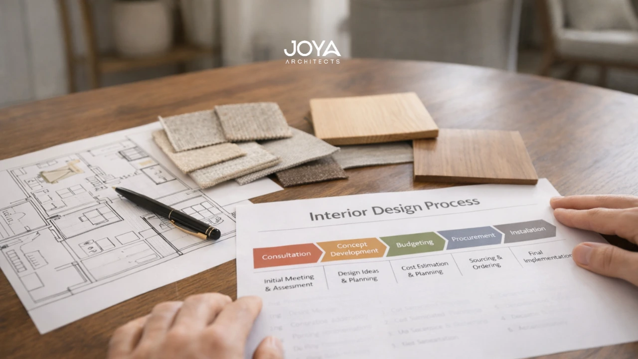 Close-up of interior planning materials and a checklist illustrating an interior design process flow chart during renovation planning.