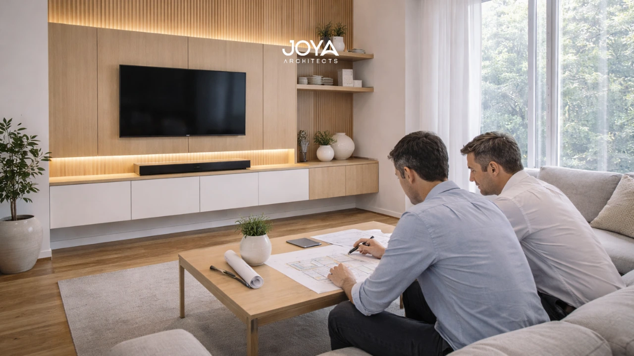 Architectural feature wall with timber panels and integrated lighting showcasing living room accent wall ideas in a modern home.