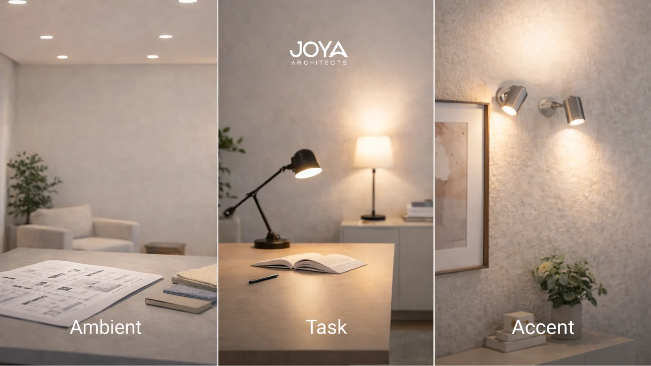Detailed view comparing ambient, task, and accent lighting as part of the 3 types of artificial lighting in interior design.