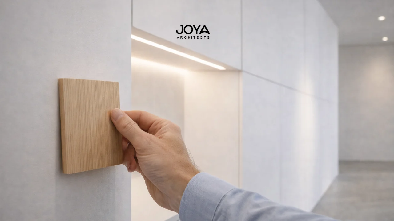 Close-up of minimalist architecture features showing seamless detailing and material evaluation in a modern space.