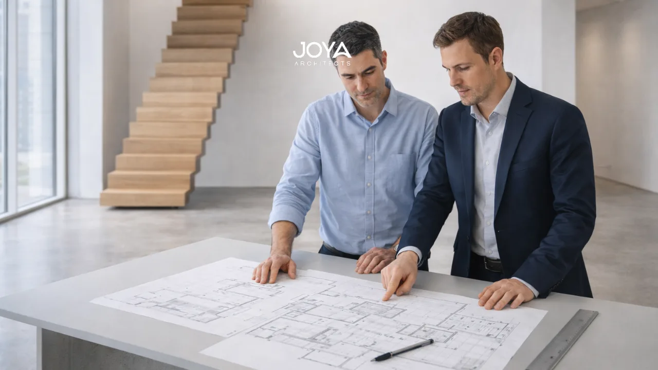Homeowner and commercial client reviewing minimalist architecture features in a bright modern interior with clean lines and natural light.