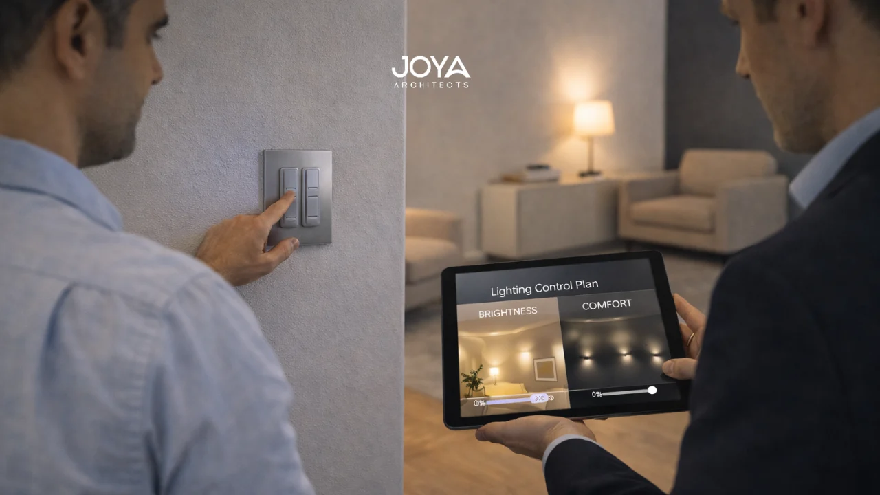 Homeowners adjusting a wall dimmer switch while reviewing how to use dimmer switches effectively in a modern interior.