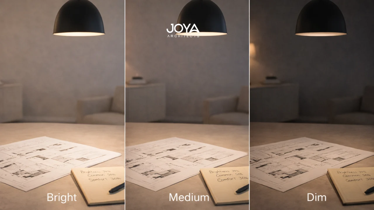 Dimmable pendant light and planning notes illustrating how to use dimmer switches effectively for different lighting needs.