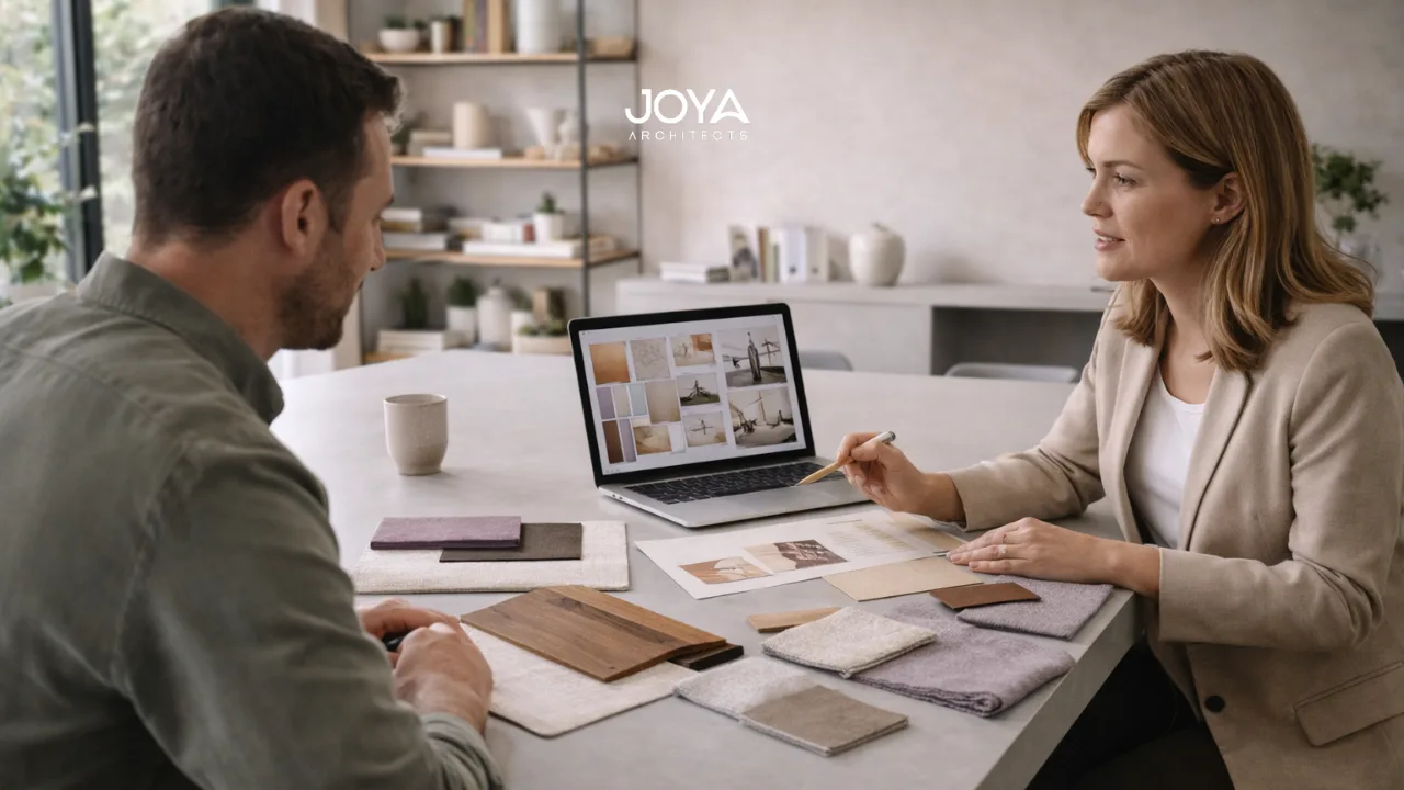 Homeowner meeting an interior designer to discuss materials and ideas for a custom home project