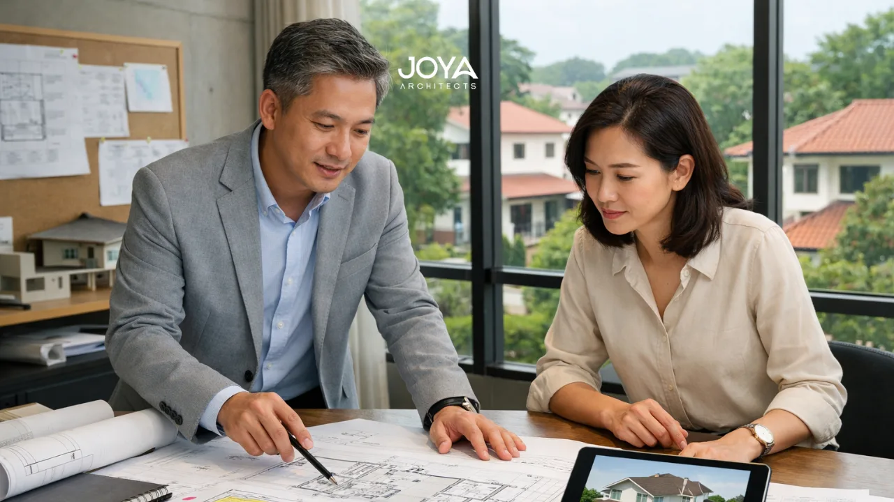 Architect and homeowner reviewing plans to understand A&A planning constraints for a Singapore landed home project