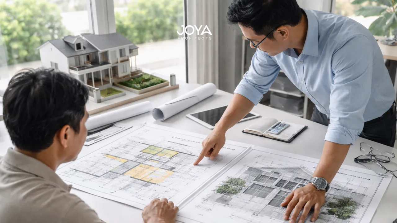 A Singapore homeowner and architect reviewing renovation and rebuild blueprints while deciding between A&A vs reconstruction Singapore for a landed property project