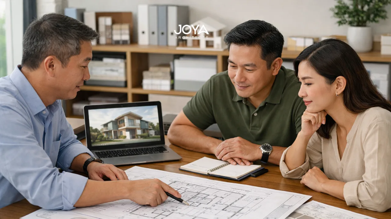 Homeowners reviewing architectural plans with a consultant to understand the a&a approval timeline before submitting their project