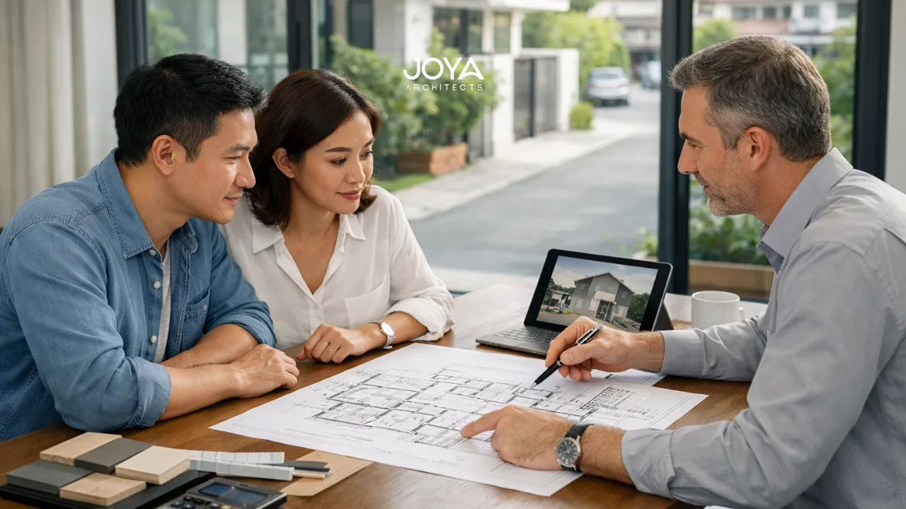 Homeowners reviewing plans with an architect to avoid a&a renovation mistakes before starting a landed home project