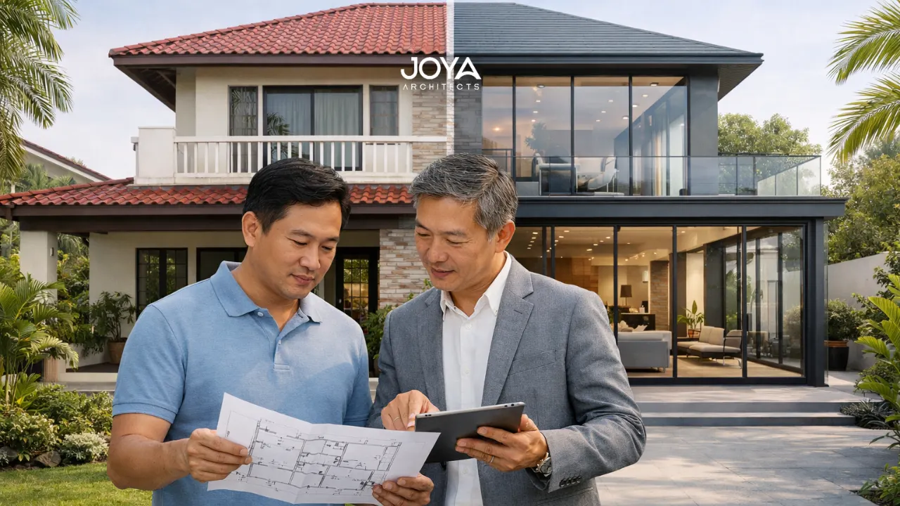 Homeowner and architect reviewing plans outside a landed house to assess A&A suitability landed house options in Singapore