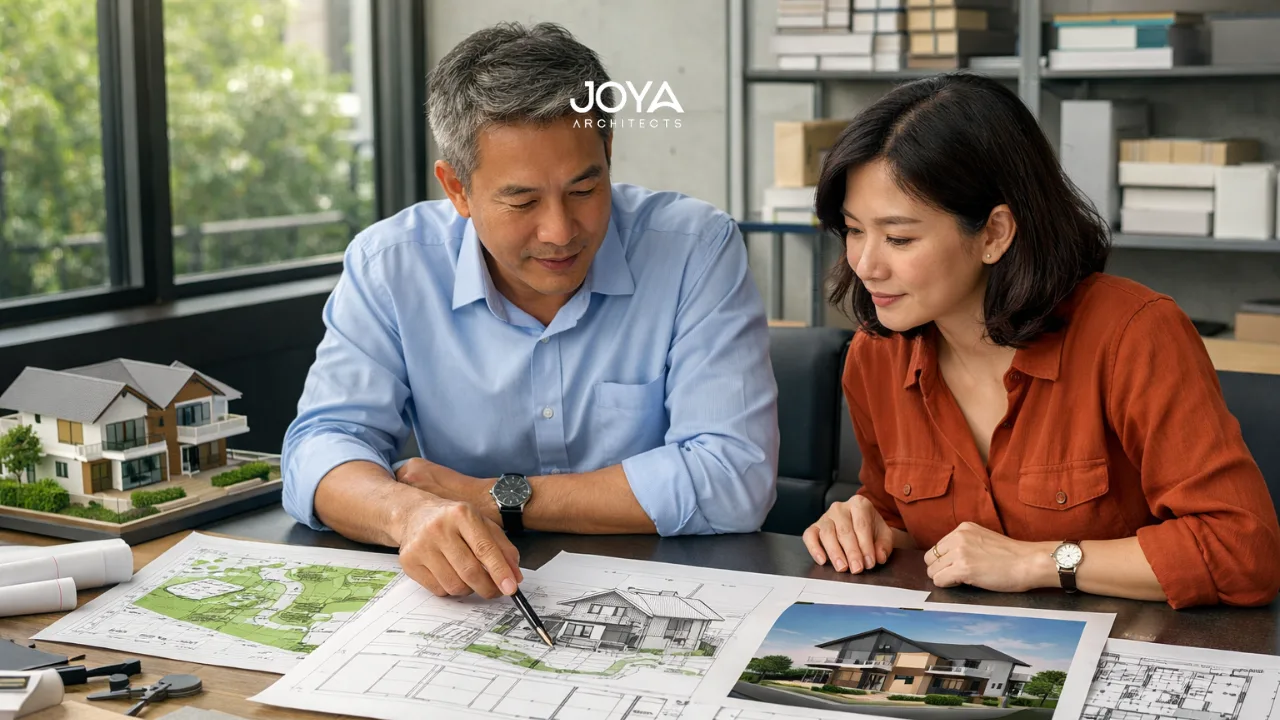 Architect explaining architectural design stages Singapore to a homeowner while reviewing house plans and models in a modern design studio