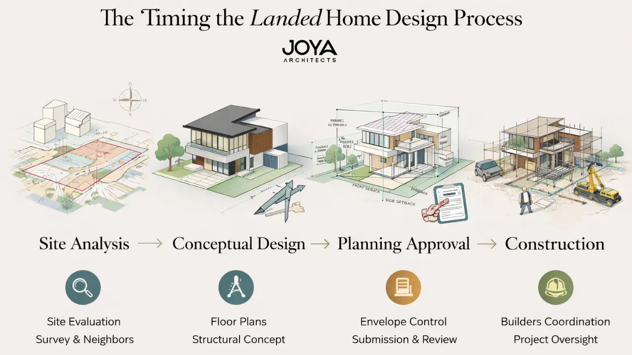 Architect studying site layout and massing model during the early planning stage of the landed house design process.