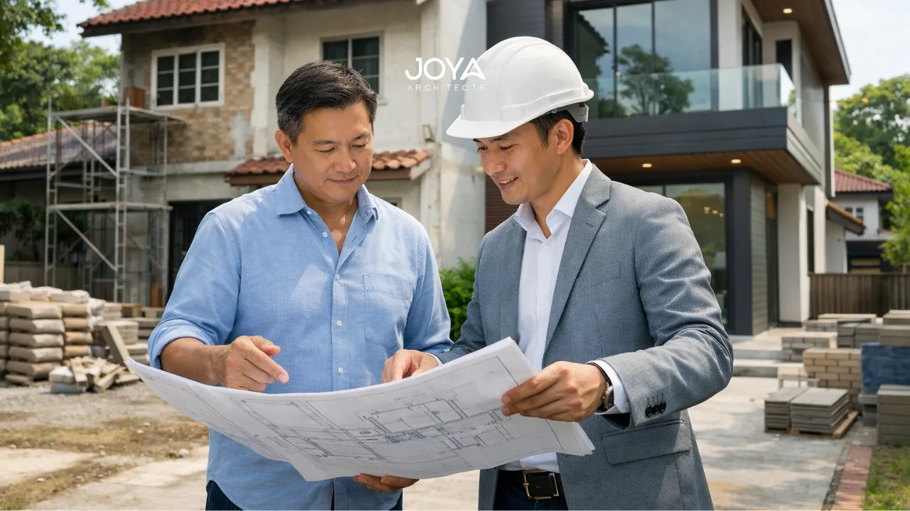 Homeowner and architect reviewing plans at a partially renovated landed house, illustrating reasons for a&a singapore decisions