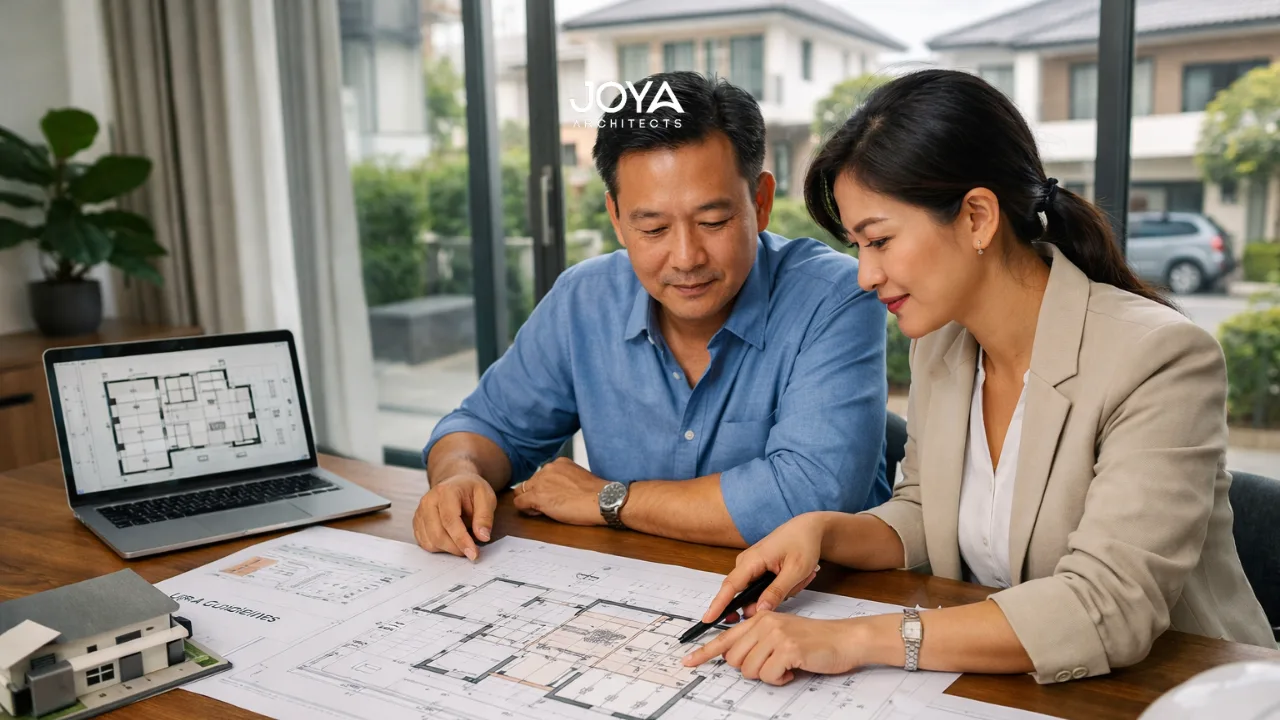 Homeowner and architect reviewing ura bca a&a requirements plans in a modern Singapore landed home setting