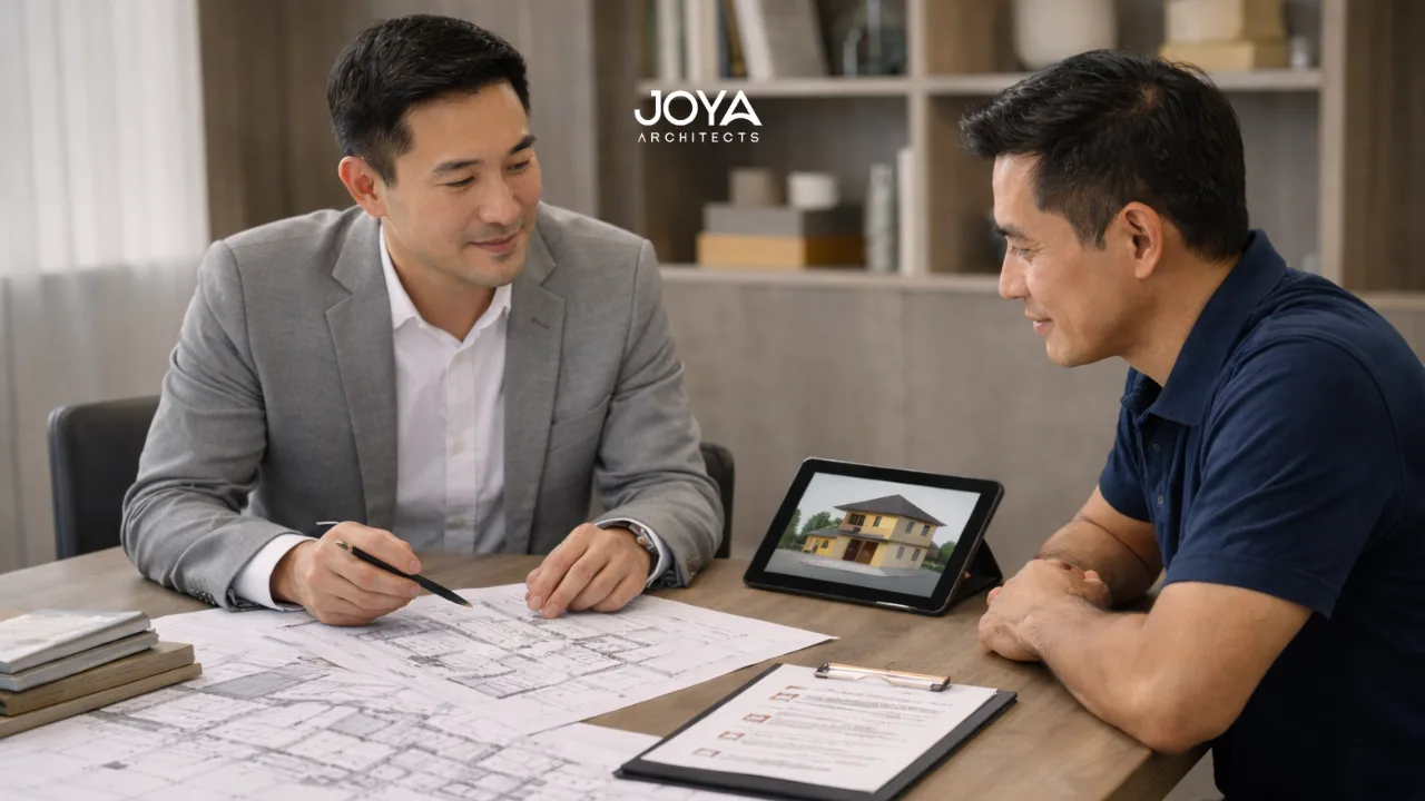 Architect explaining building drawings and regulatory considerations during a ura bca submission architect consultation for a Singapore landed property project