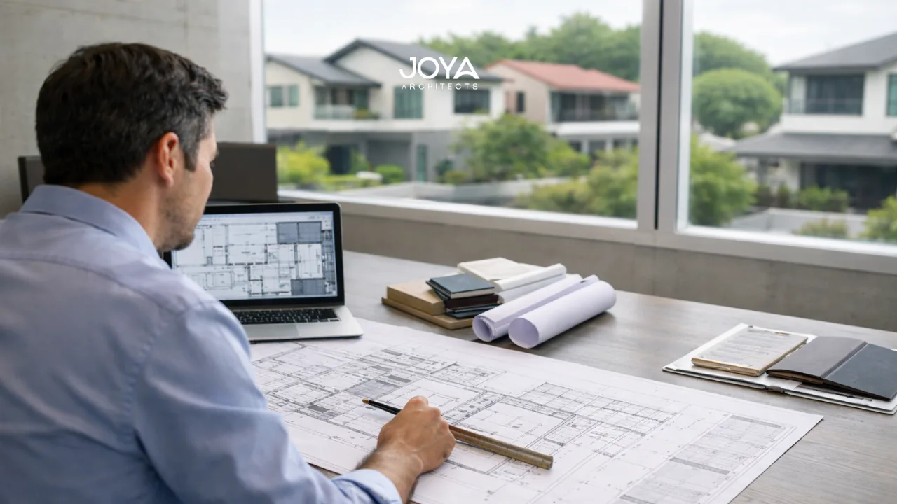Architect reviewing detailed building plans for a landed home while preparing a URA BCA submission architect approval process in Singapore