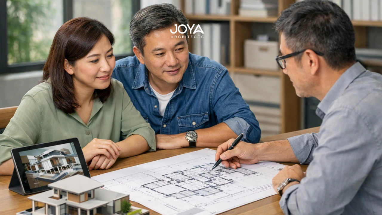 Homeowners reviewing architectural drawings with an architect while planning additions and alterations Singapore for a landed house extension