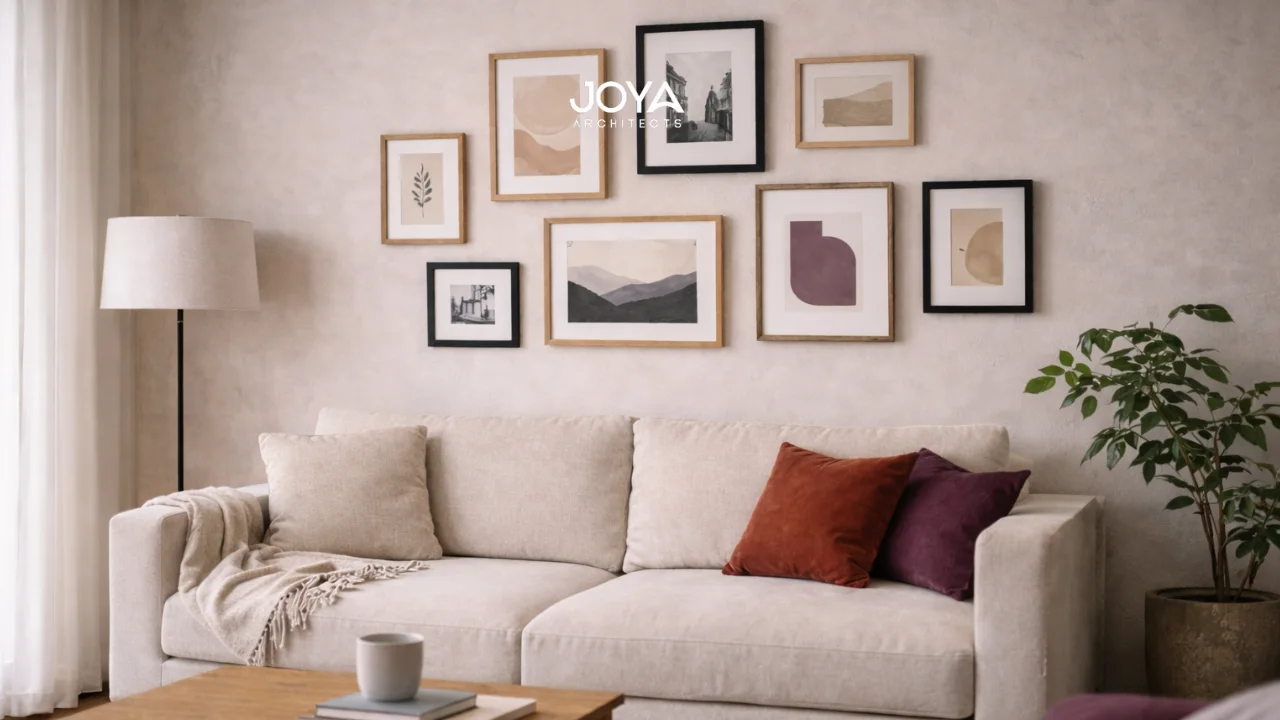 Framed prints leaning on a console table showing affordable wall art ideas for simple wall decoration.
