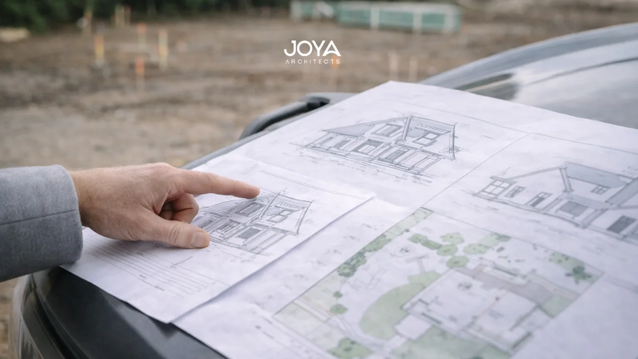 Hiring an Architectural Consultant for New Builds & Exterior Projects 1 Architectural drawings reviewed on site during consultation for a new home exterior project.