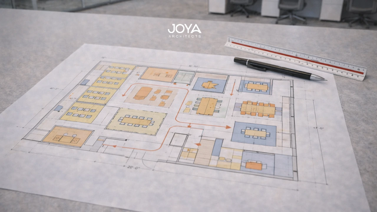 Office floor plan illustrating corporate office interior design strategies for workspace planning.
