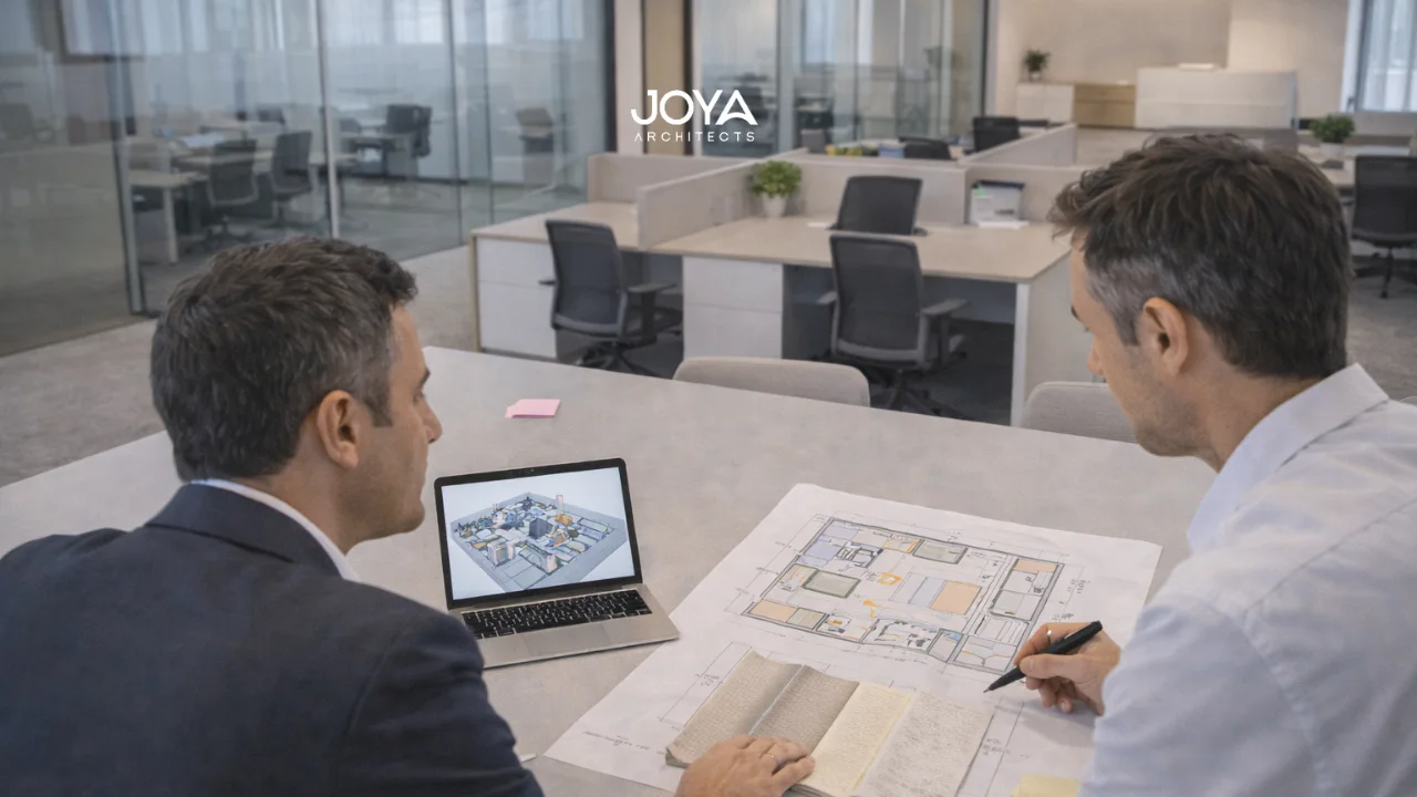 Architect and client reviewing plans for corporate office interior design in a modern workplace environment.