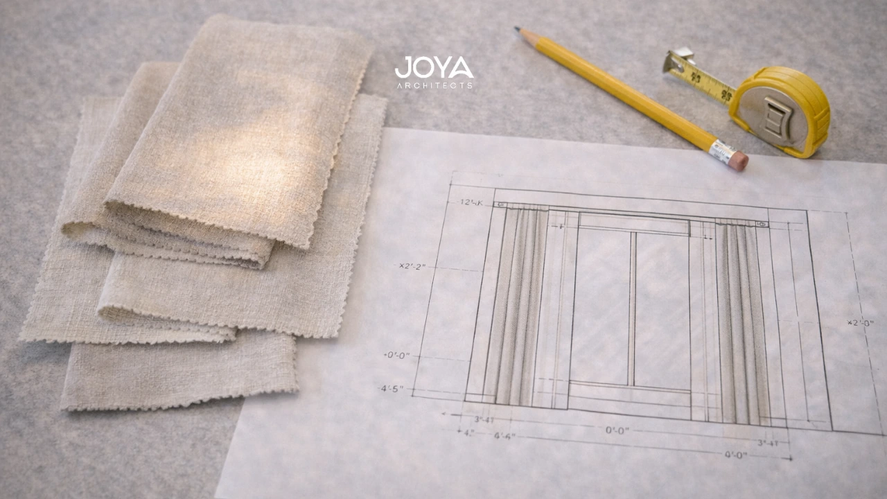 Curtain fabric samples and window elevation drawing used to evaluate how to choose curtains for living room spaces