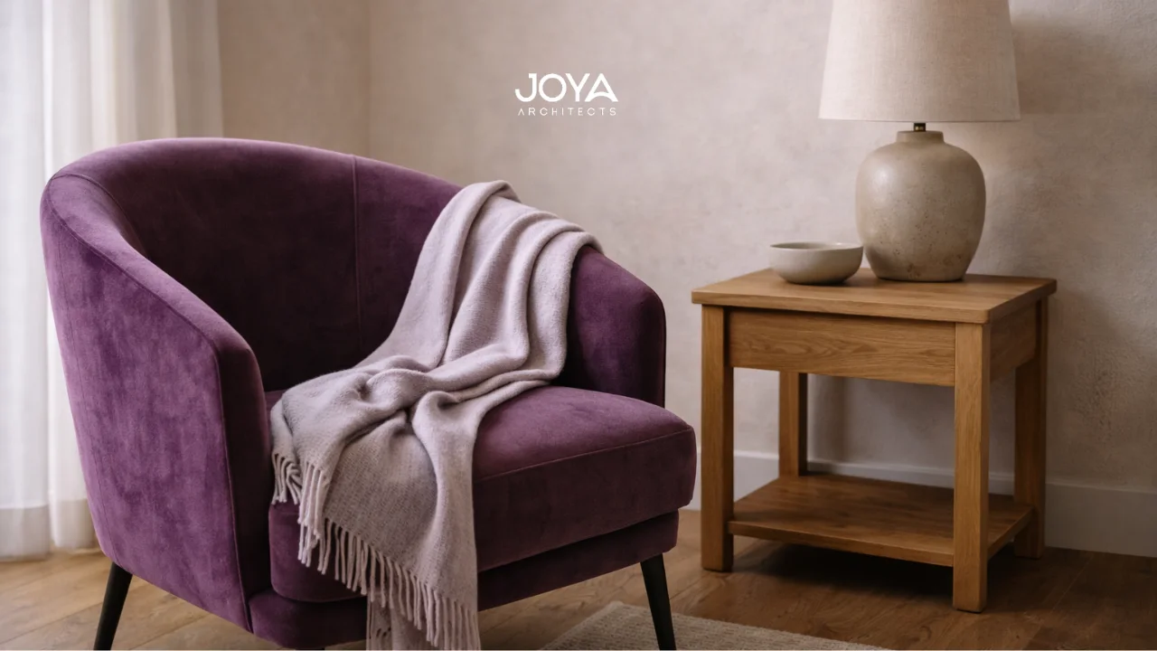 Velvet chair and lavender textiles illustrating how to use violet in home design through furniture accents
