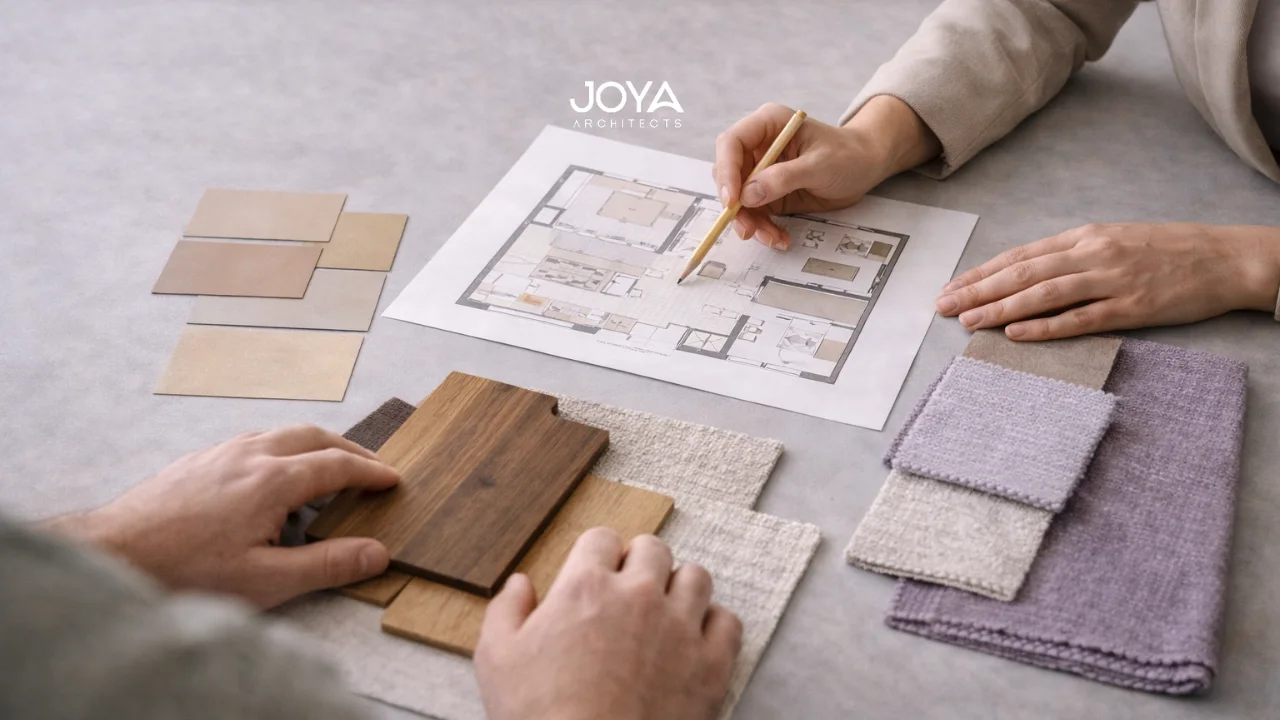Interior designer explaining floor plans and material choices to a homeowner during a design consultation