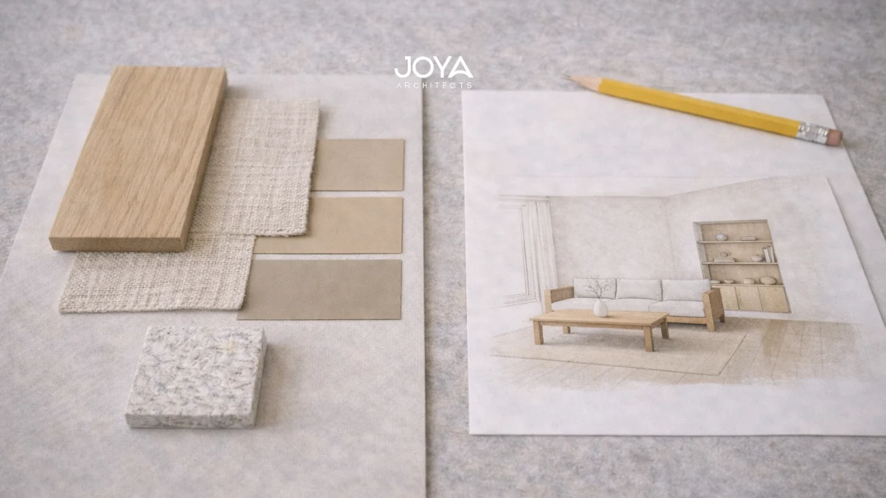 Material palette and layout sketch used to plan Japandi living room ideas for a modern home.