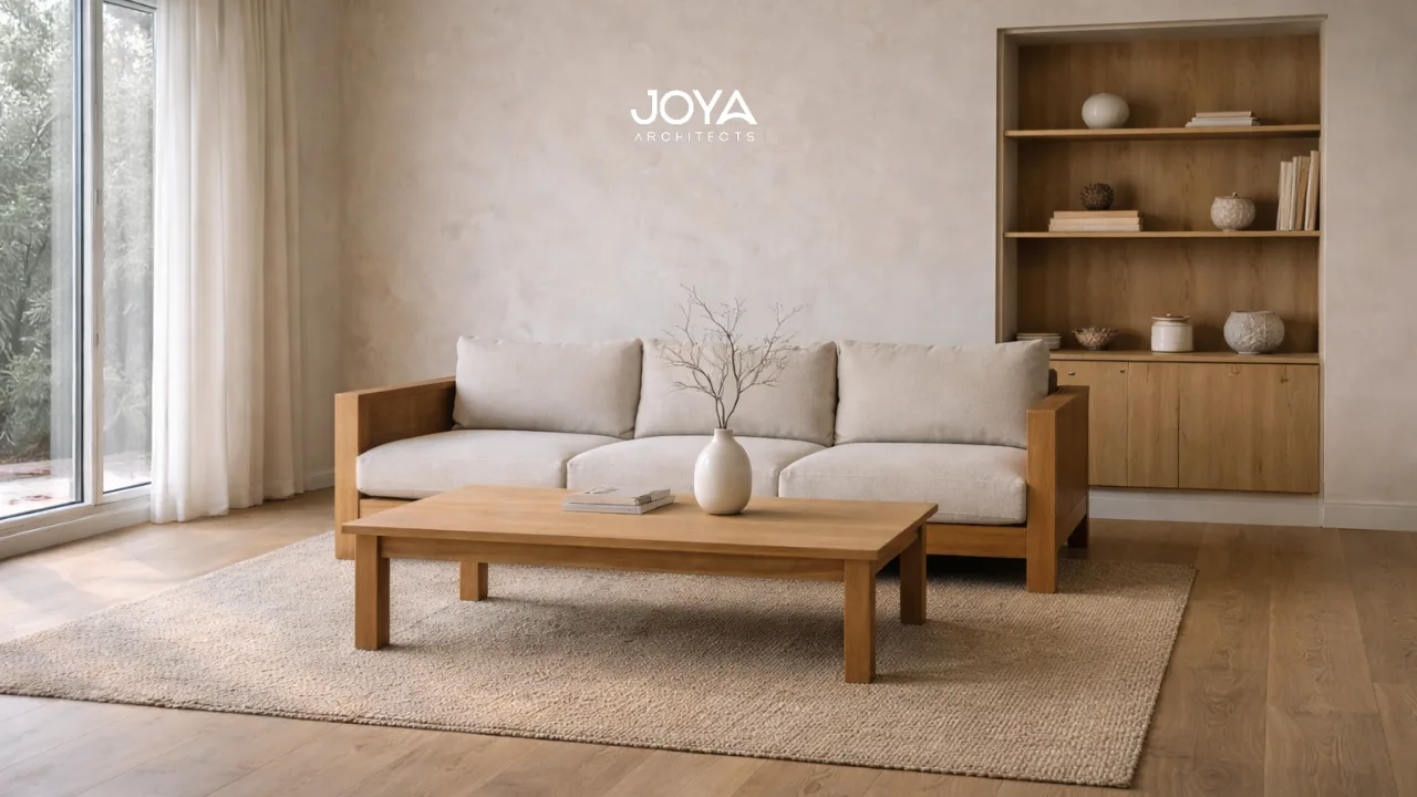 Calm interior showcasing Japandi living room ideas with warm wood tones and minimalist furniture