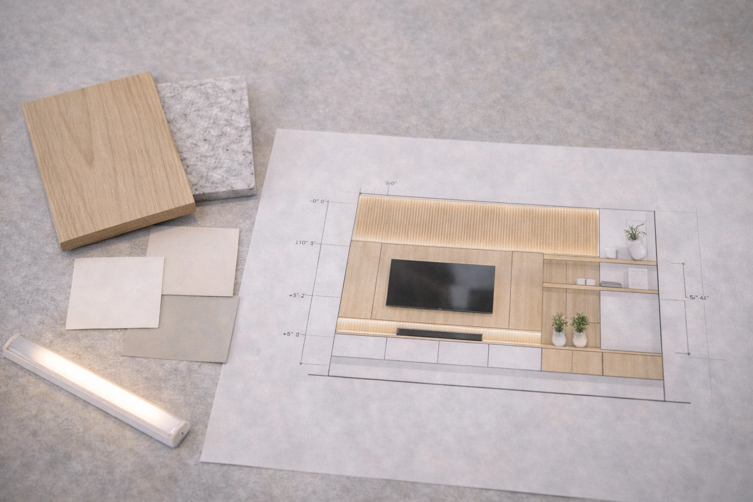Material samples and elevation drawing used to plan living room accent wall ideas for a custom home.