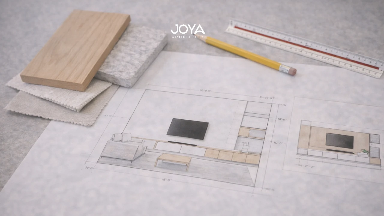 Architect and homeowner reviewing a minimalist color palette for a calm modern interior design.