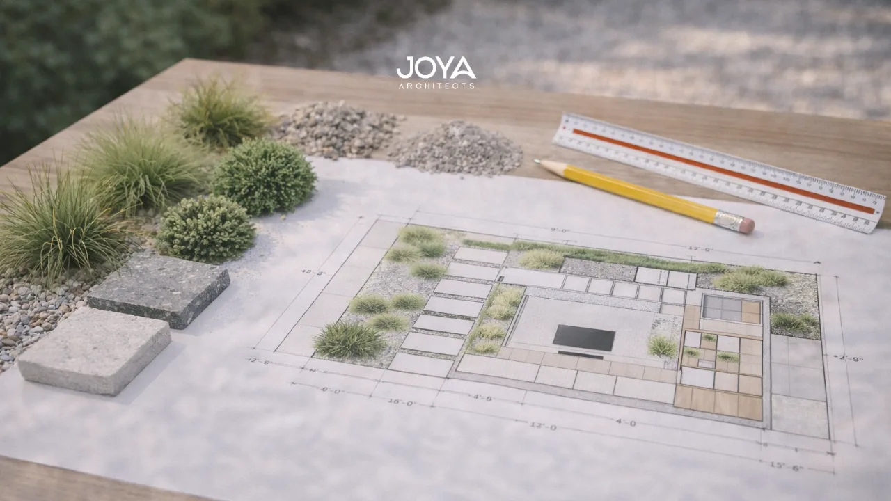 Landscape design plan and material samples used to plan minimalist landscaping ideas for a modern home