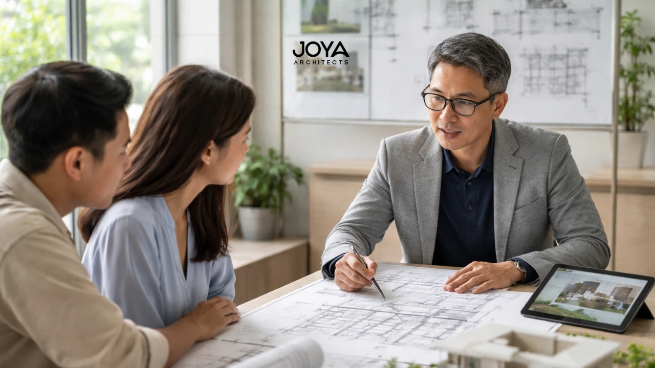 A principal-led architect in Singapore reviews detailed architectural plans with homeowners planning a custom landed house design.