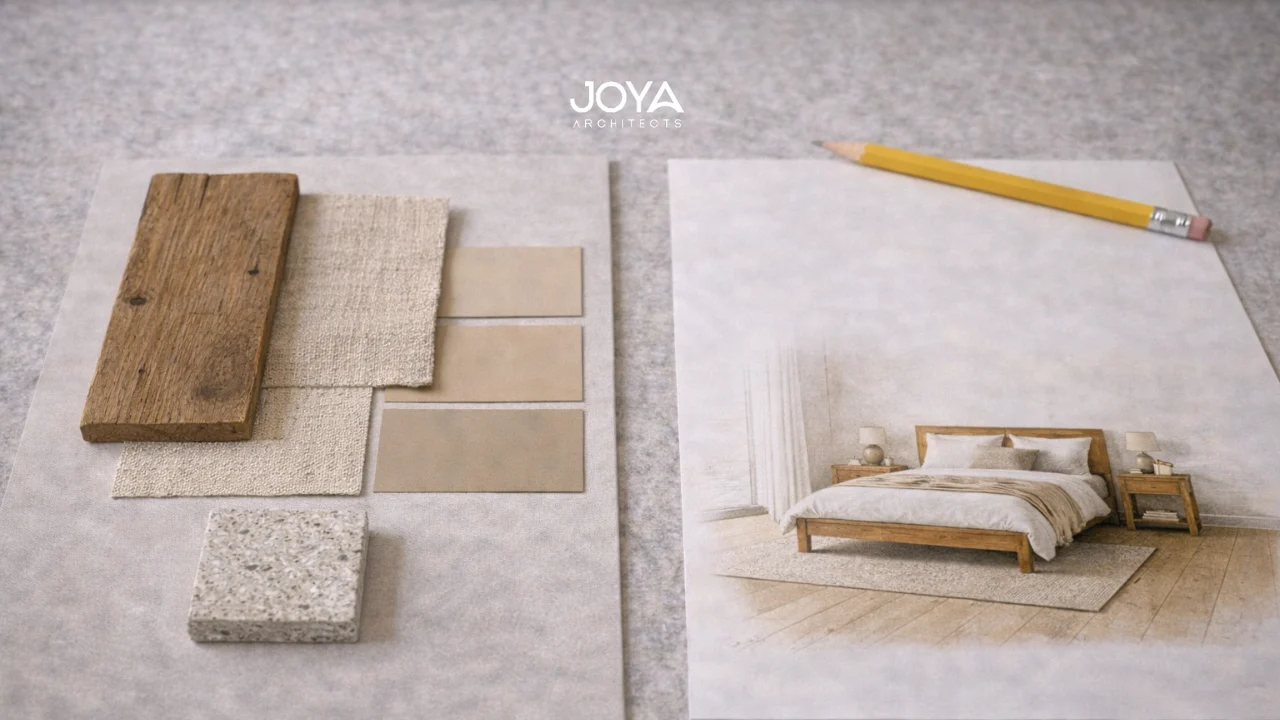 Material samples used to plan rustic bedroom design ideas with natural textures and warm tones
