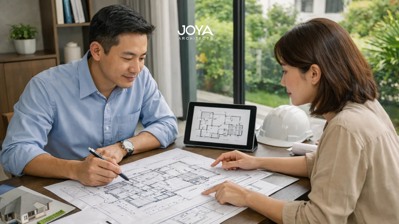 Architect discussing A&A submission plans with a homeowner in Singapore landed home, highlighting the process of working with an architect for A&A Singapore