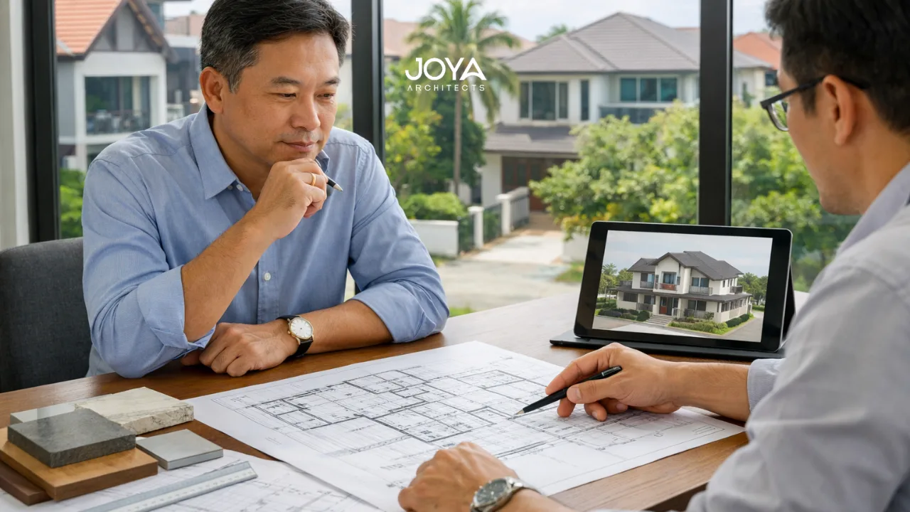 Homeowner reviewing landed house reconstruction Singapore plans with an architect in a bright, modern workspace.