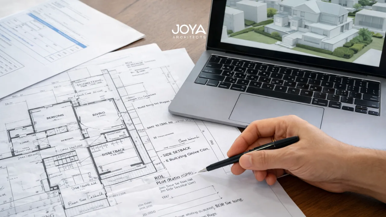 Architectural drawings and zoning notes for landed house reconstruction Singapore shown on a clean workspace