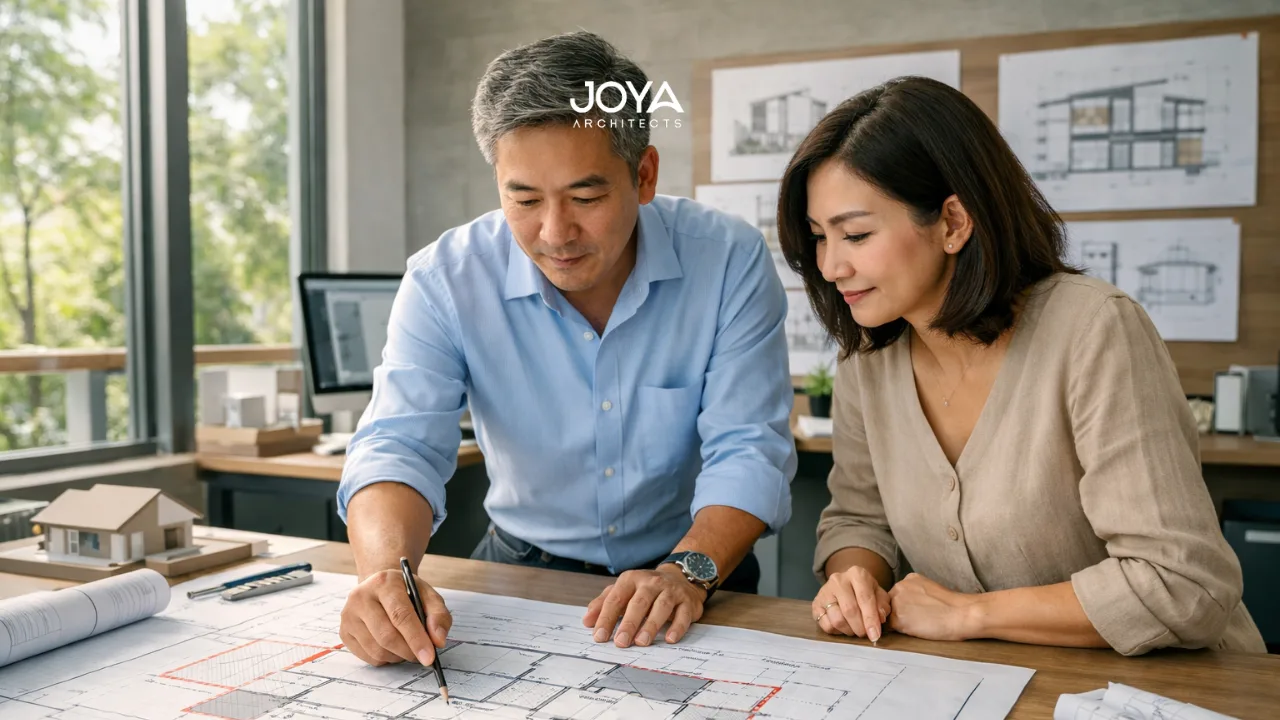 Architect and homeowner reviewing building plans to maximise design within regulations while maintaining space and natural light