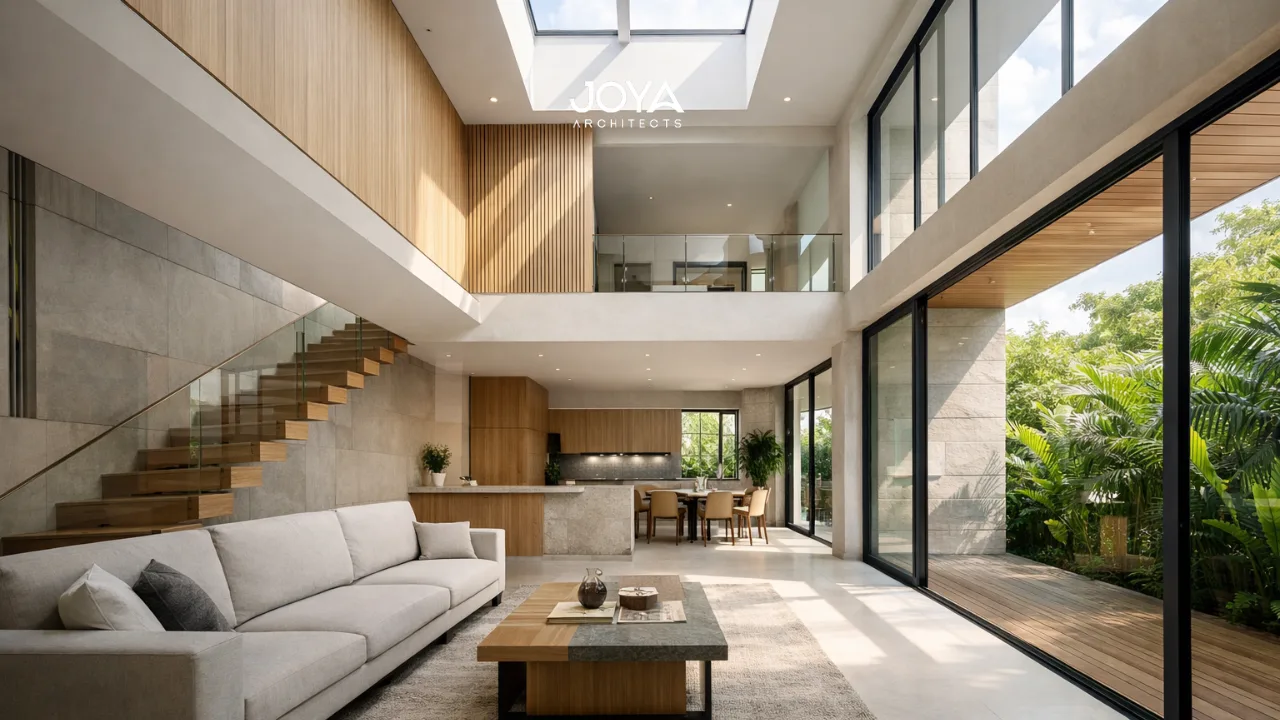 A modern natural light A&A house interior with a double-volume living space, skylight, and large windows that improve brightness and ventilation in a Singapore landed home