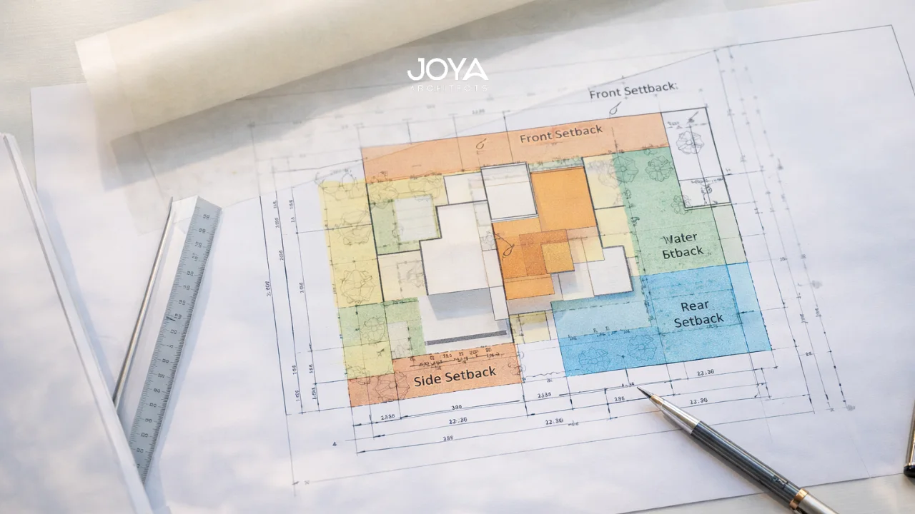 A site plan illustrating plot ratio setback height control with colored overlays showing restricted building zones on an architectural desk