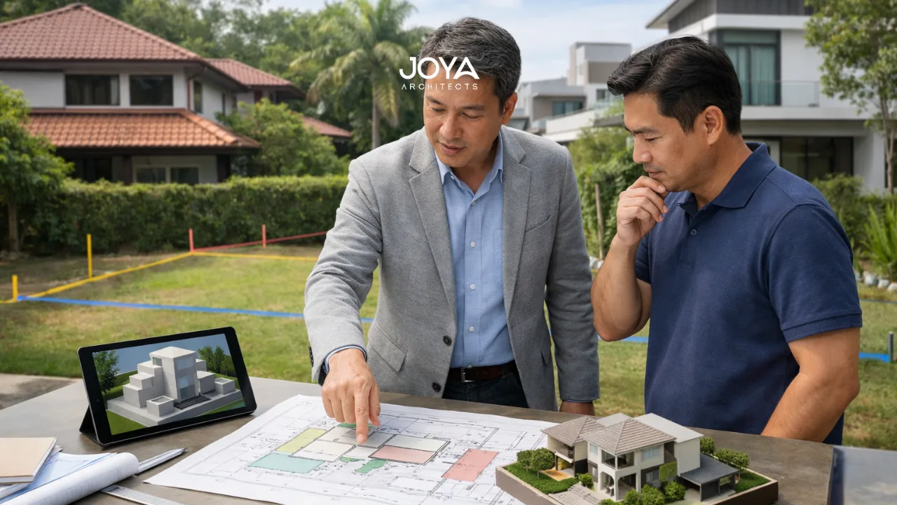 An architect explains plot ratio setback height control constraints to a homeowner using site plans and a model on a landed property in Singapore