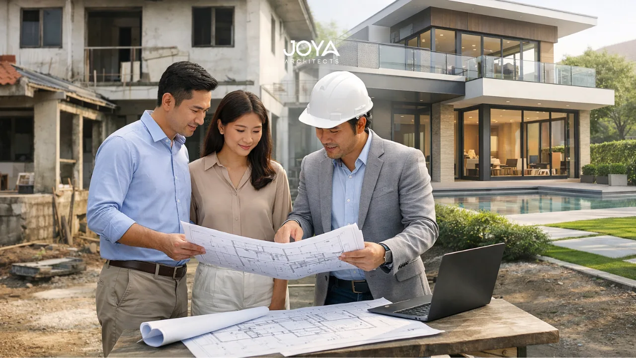 Homeowners reviewing plans on-site showing rebuilding landed house constraints compared to limited A&A renovation potential