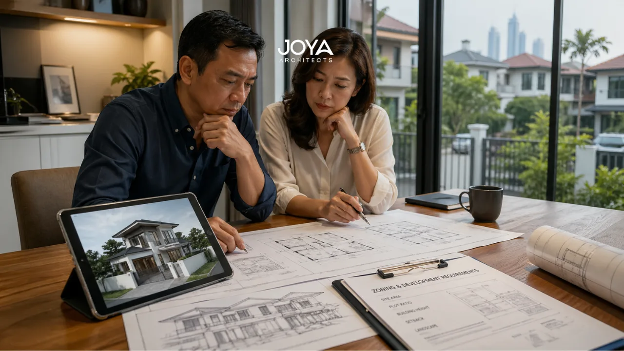 A homeowner couple reviews architectural plans at a table, reflecting reconstruction project risks during early planning stages