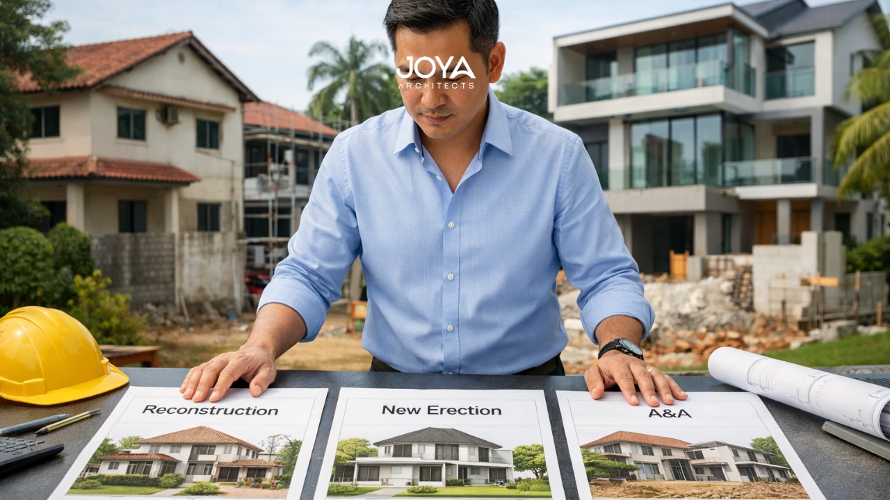 A homeowner comparing reconstruction vs new erection plans at a landed property in Singapore while reviewing architectural drawings outdoors
