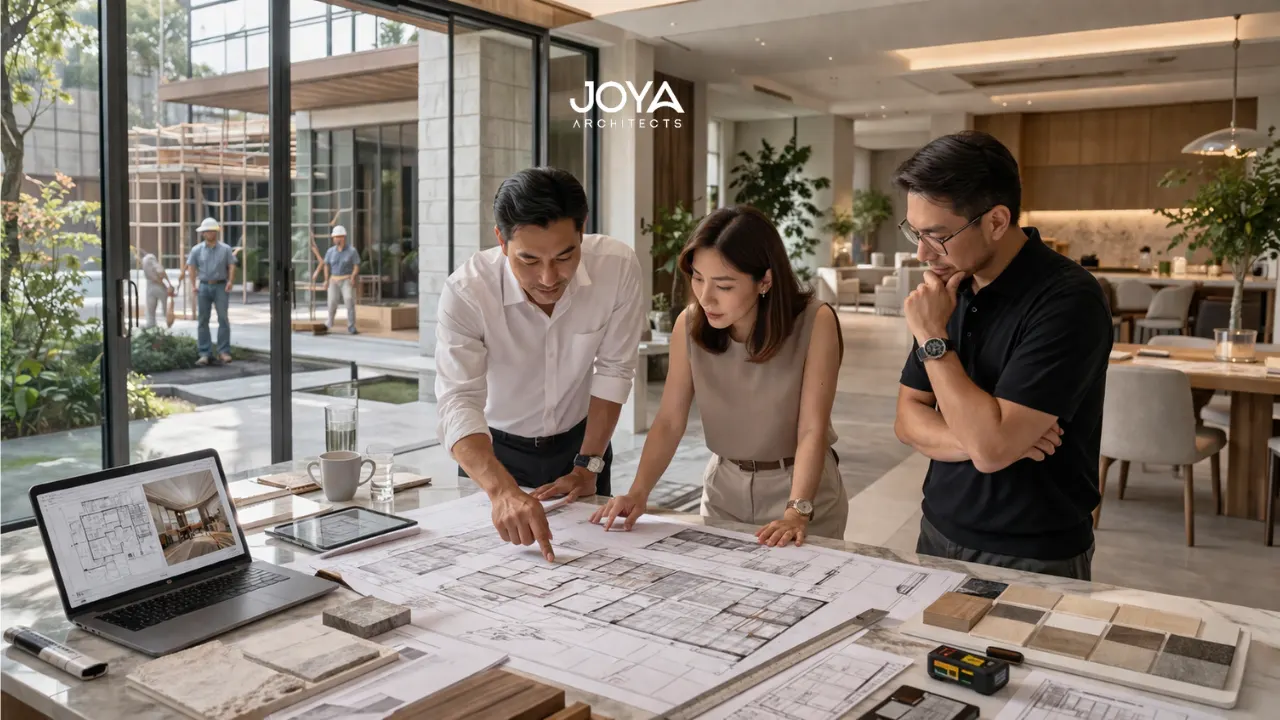 Modern Singaporean landed house interior with architects reviewing blueprints on a table, floor-to-ceiling windows, and natural light highlighting the importance of architectural planning in preventing construction rework